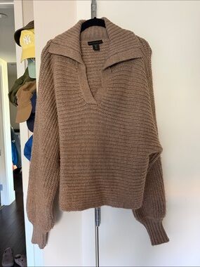 House of Harlow taupe ribbed cowl V-neck sweater